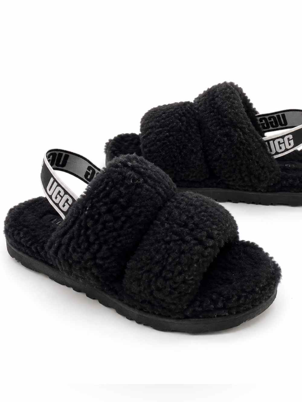 UGGs Black Plush Double-Band Slide Fuzzy Slippers - Women’s 8
